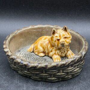 Wade England Vintage Glazed Ceramic Terrier Dog Puppy in Basket Trinket Dish